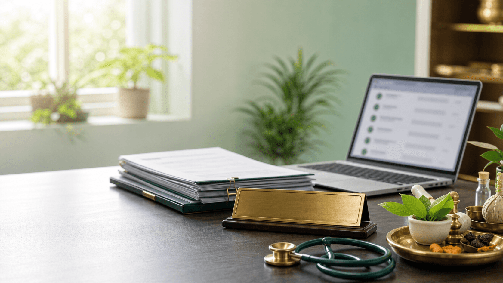 Ayurveda clinic hiring desk with resumes and job listings